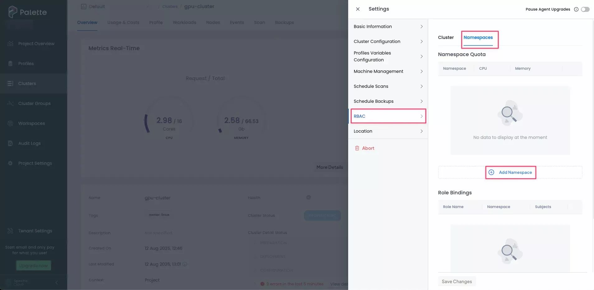 Cluster Settings pane with the location where the namespace is listed